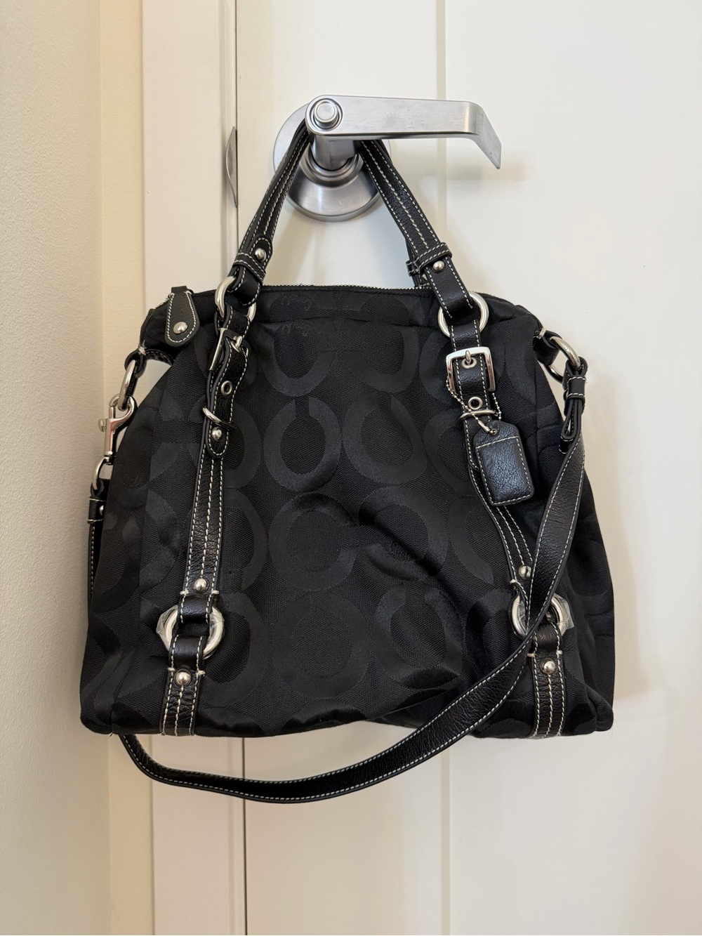 Coach Black Signature Canvas Shoulder Tote with Silver Hardware